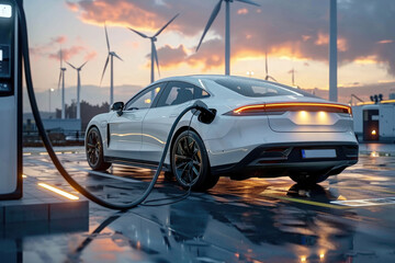 The small car is charging, the wind turbine in the distance