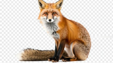 Obraz premium A fox with a bushy tail sitting attentively isolated on a transparent background.