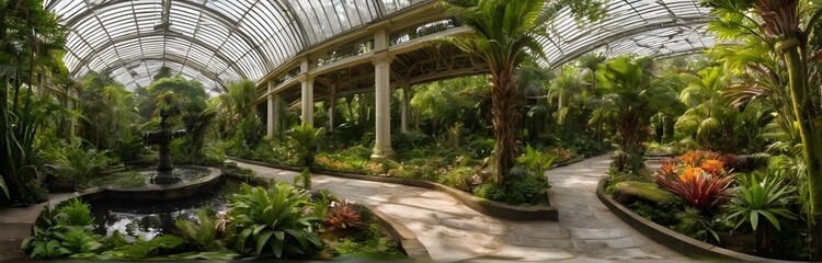 360 degree view inside a lush, expansive botanical garden, with rare and exotic plants, flowers in bloom, water features, and people strolling along scenic pathways, HDRI spherical panorama.