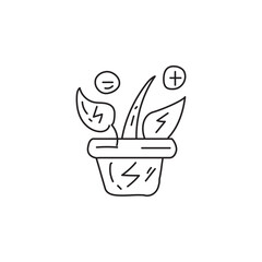 Line art illustration of a plant growing in a pot with plus, equals, and lightning bolt symbols.  Concept of growth, sustainability, and positive change.