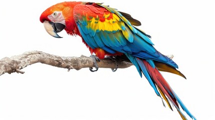 Fototapeta premium A colorful macaw perched on a branch isolated on a transparent background.