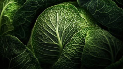 Obraz premium A macro shot of cabbage leaves with intricate veins and textures, capturing the natural beauty and detail of the vegetables structure under soft lighting.