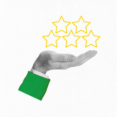 Contemporary art collage. Public Image. Hand holding stars, signifying importance of reputation and...