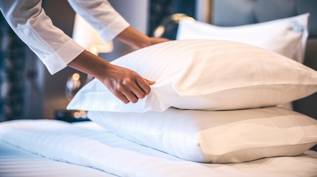 Hotel Room Service: Preparing a Comfortable Bed. A hotel room maid fluffs pillows on a bed with crisp white linens. This image captures the simple elegance of a well-appointed hotel room.

