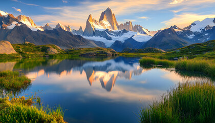 Nature Bliss: A serene mountain landscape with a lake reflecting the snowy peaks at sunrise