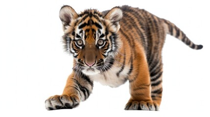 Obraz premium A baby tiger playfully pouncing isolated on a transparent background.