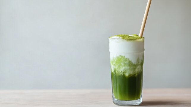 A refreshing iced matcha latte in a tall glass, layered with frothy milk and served with a bamboo straw, against a minimalist background.