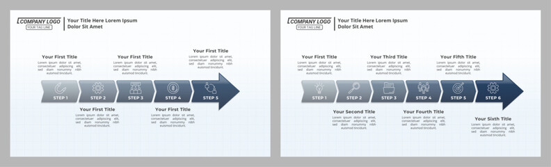 5 & 6 Steps Arrow Infographic Timeline with Editable Text on a 16:9 Layout for Business Presentations, Management, and Evaluation.