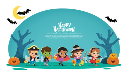 Children dressed in Halloween costumes to go Trick or Treating. Halloween costume kids in spooky holiday. Template for advertising brochure.