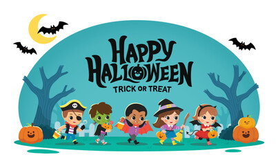 Fototapeta premium Children dressed in Halloween costumes to go Trick or Treating. Halloween costume kids in spooky holiday. Template for advertising brochure.
