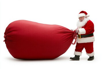 Santa Claus Struggling with a Giant Bag of Gifts