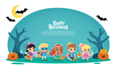 Children dressed in Halloween costumes to go Trick or Treating. Halloween costume kids in spooky holiday. Template for advertising brochure.