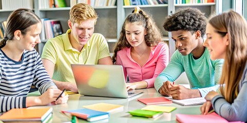 Collaborative Learning: Diverse Students Engaged in a Library Setting. A group of diverse students is working together on a laptop in a library, surrounded by books and educational materials.