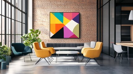 An abstract digital artwork featuring bold geometric shapes and vibrant colors, displayed on a modern office wall, adding a contemporary touch to the design studio.
