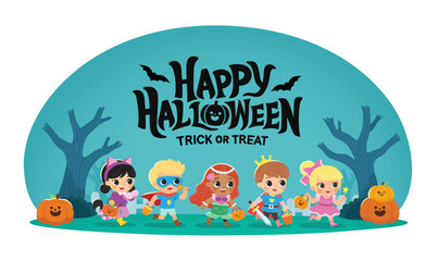 Children dressed in Halloween costumes to go Trick or Treating. Halloween costume kids in spooky holiday. Template for advertising brochure.