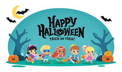Children dressed in Halloween costumes to go Trick or Treating. Halloween costume kids in spooky holiday. Template for advertising brochure.