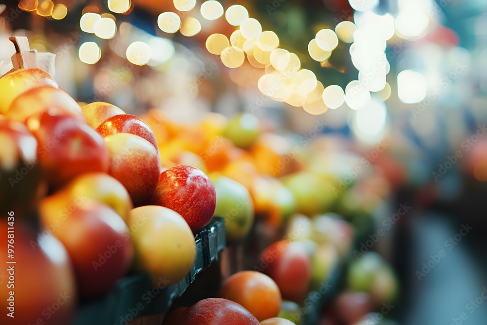 Poster A vibrant display of assorted apples at a market, illuminated by soft lights.