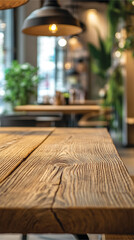 Warm Industrial Cafe Ambience with Natural Wooden Table Focus generate AI