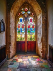Stone building with stained glass window