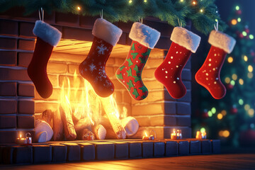 Cozy fireplace with Christmas stockings hanging.