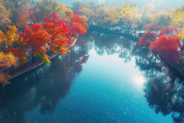 Red trees by the lake in autumn