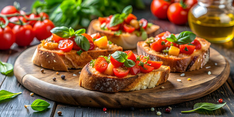 Fresh bruschetta appetizer with tomatoes, basil, and seasoning on crusty bread, tomatoes, basil, bruschetta, appetizer, snack