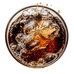Close up View of Bubbly Soda Liquid with Ice Cubes in Glass on Transparent Background