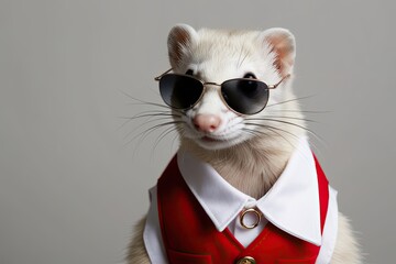 Charming Albino Ferret in Chic Vest and Retro Shades: A Stylish Fashion Portrait