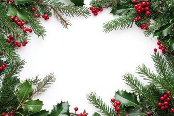 Christmas Frame with Holly and Pine Branches