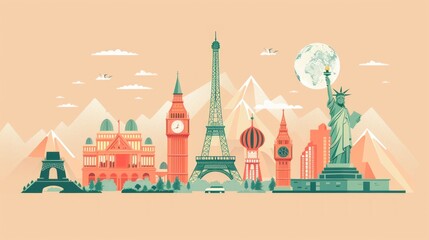 Naklejka premium Create a minimalistic travel and tourism illustration featuring famous landmarks from around the world