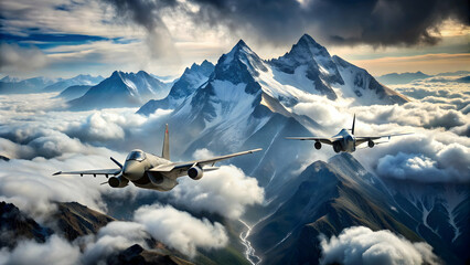 Fighter jets soaring through cloudy skies with majestic mountains in the background, fighter jets, formation