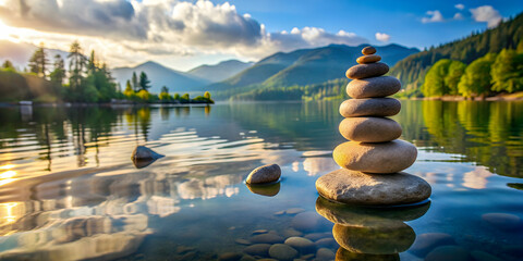 Balanced stones creating a serene Zen aesthetic along the shore of a lake, Zen, harmony, balance, nature, tranquil