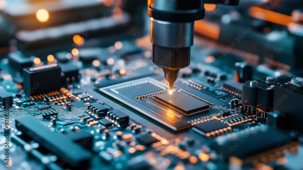 Poster mechanical arm soldering components on a circuit board in a high-tech electronics manufacturing faci