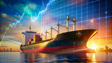 Fototapeta premium Cargo ship with financial stock market graphs in the background, cargo ship, finance, stock market, graphs, charts
