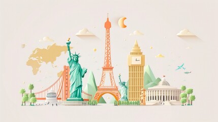 Fototapeta premium Create a minimalistic travel and tourism illustration featuring famous landmarks from around the world