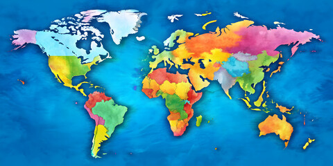 Naklejka premium Vibrant colored world map perfect for educational materials and travel designs, colorful, globe, countries, continents