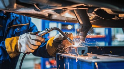 Obraz premium Auto Mechanic Welding Car Parts in Workshop. A skilled auto mechanic is welding a car part in a well-equipped workshop. The sparks flying from the welding torch illuminate the scene.