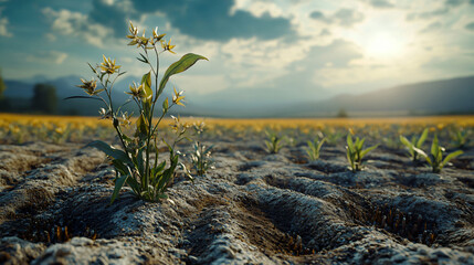 A representation of the impact of rising temperatures on agriculture with wilted crops and stressed plants.