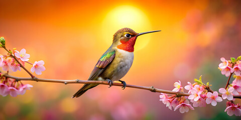 Vibrant hummingbird on blossom branch with sunset backdrop , Hummingbird, vibrant, blossom, branch, sunset, backdrop, nature
