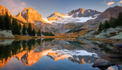 Fototapeta premium Nature Bliss: A serene mountain landscape with a lake reflecting the snowy peaks at sunrise