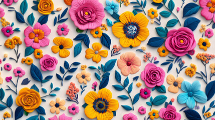 Floral seamless pattern with vibrant flowers and leaves, perfect for wallpaper, fabric, or vintage design