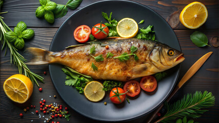 Succulent Grilled Fish with Fresh Herbs and Lemon on Dark Plate