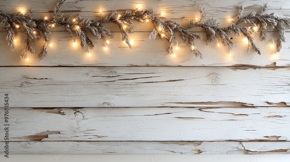 Poster a white wooden wall with a string of lights hanging from it. the lights are lit up and create a warm