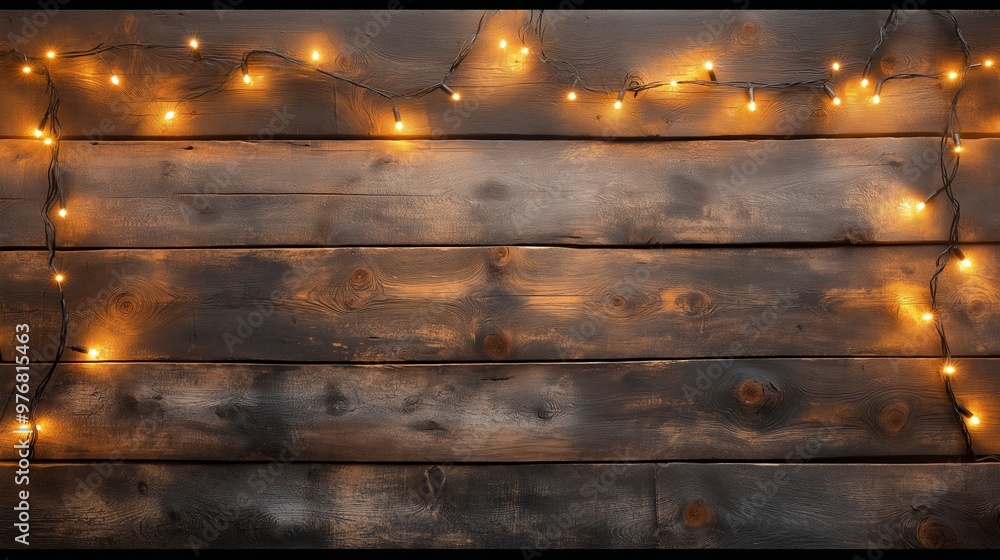 Poster a wooden background with a string of lights hanging from it. the lights are lit up and create a warm