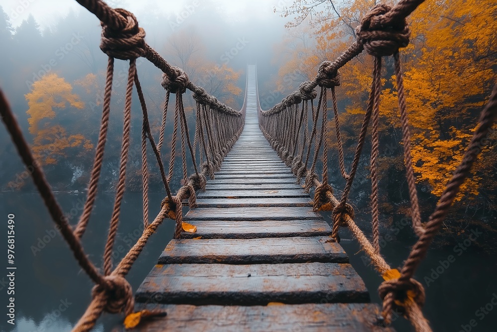 Poster a bridge with a rope bridge over a river. the bridge is surrounded by trees and the water is calm