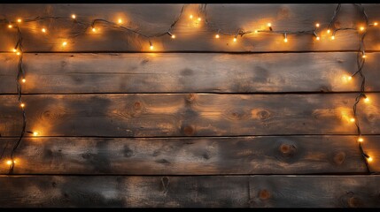 Fototapeta premium A wooden background with a string of lights hanging from it. The lights are lit up and create a warm, cozy atmosphere