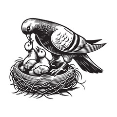 Domestic pigeon Outline Clipart -  Columbidae Bird Vector illustration in black and white 