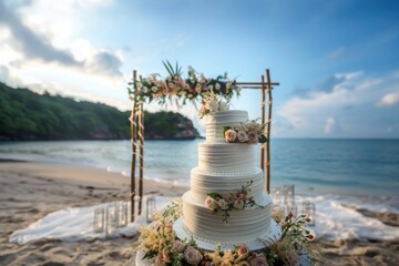 tiered wedding cake with a beautiful beach as background