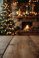 a wooden table with a a fireplace in the background and a festively decorated living room