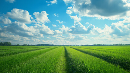 Fototapeta premium Fresh green rice growing in a field under a bright sky. Agricultural landscape